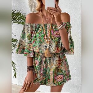 HYFVE Green Paisley Off-Shoulder Romper With Tie And Elastic Waist